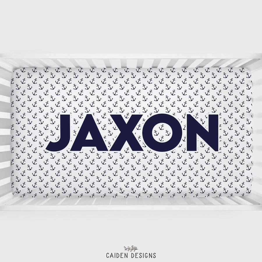 White Nautical Anchors Personalized Crib Sheet