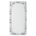 A twin fitted sheet an elasticized border featuring a light blue background and a repeating pattern of brown teddy bears, blue shoes, and the brand name 'COLTON'.