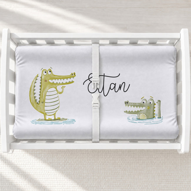 Alligator Personalized Changing Pad Cover, featuring playful alligators and baby’s name for a fun, adventurous nursery made just for them.