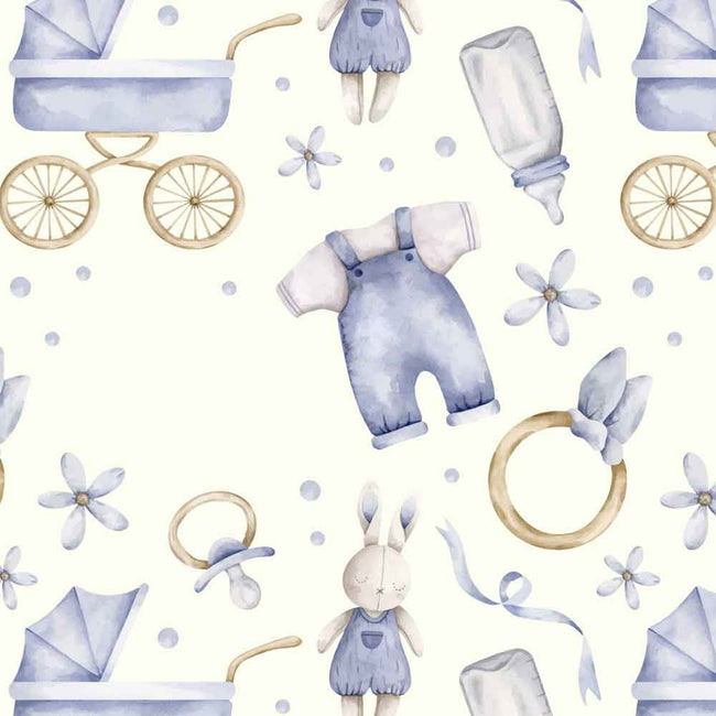 Watercolor baby-themed seamless pattern featuring a blue stroller, baby bottle, baby overalls, bunny doll, pacifier, flower motifs, and soft pastel dots on a cream background.