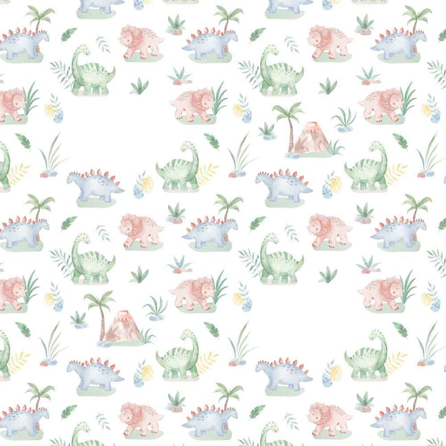 A repeating watercolor-style pattern of pastel dinosaurs, palm trees, rocks, and small plants on a white background.