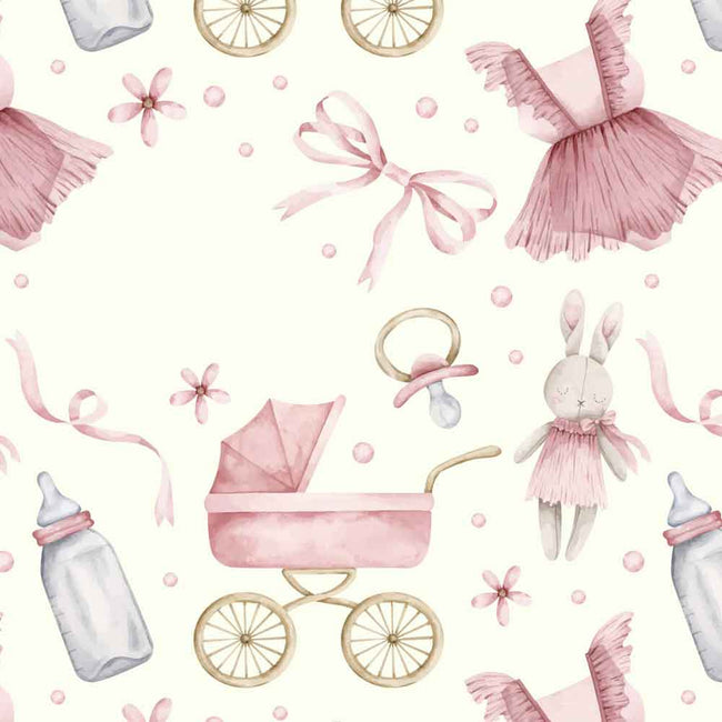 Watercolor baby-themed pattern featuring a pink stroller, bunny doll, pacifier, baby bottle, ribbons, flowers, and small gold accents on a cream background.