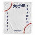 Personalized baseball baby milestone blanket with name, months 1–12, red baseball stitching, and Little Slugger design