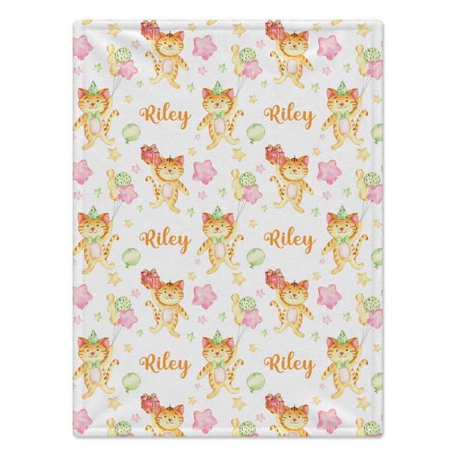 Personalized cat baby girl blanket featuring sweet kittens, colorful balloons, party details, and a custom name on a white background.