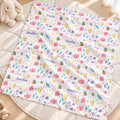 Personalized bee and butterfly baby girl blanket with colorful flowers, garden motifs, and a custom name on a white background.