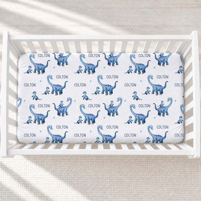Blue Dino Cuddles Personalized Baby Boy Crib Sheet