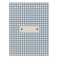 A rectangular blue and white gingham checkered dog blanket with a central cream label area featuring two small dark paw prints, shown on a plain white background.
