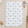 Personalized Blue Star Baby Boy Blanket. Soft watercolor blue stars create a dreamy sky for a custom name on a white background.