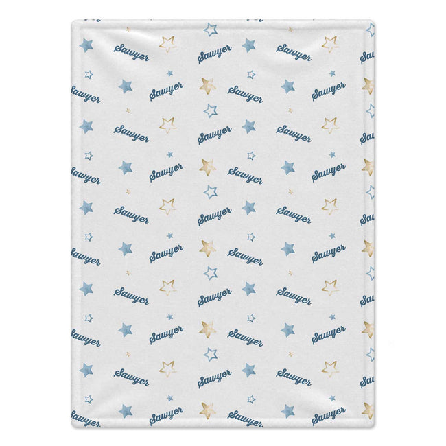 Personalized Blue Star Baby Boy Blanket. Soft watercolor blue stars create a dreamy sky for a custom name on a white background.
