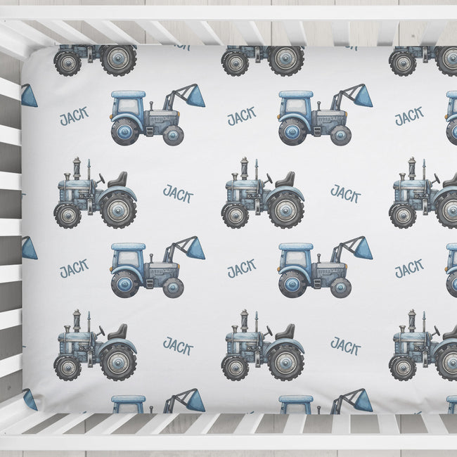Blue Tractor Trails Personalized Crib Sheet