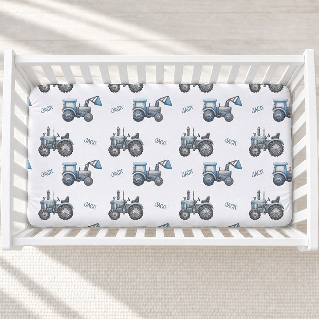Blue Tractor Trails Personalized Crib Sheet