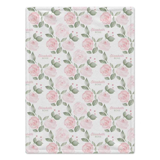 Full view of Blush Rose Garden baby blanket featuring pink watercolor roses, sage green leaves, and the name Elizabeth Rose on white.