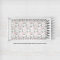 Blush Rose Garden crib sheet personalized with Elizabeth Rose; caption notes horizontal pattern placement, with vertical available by request.