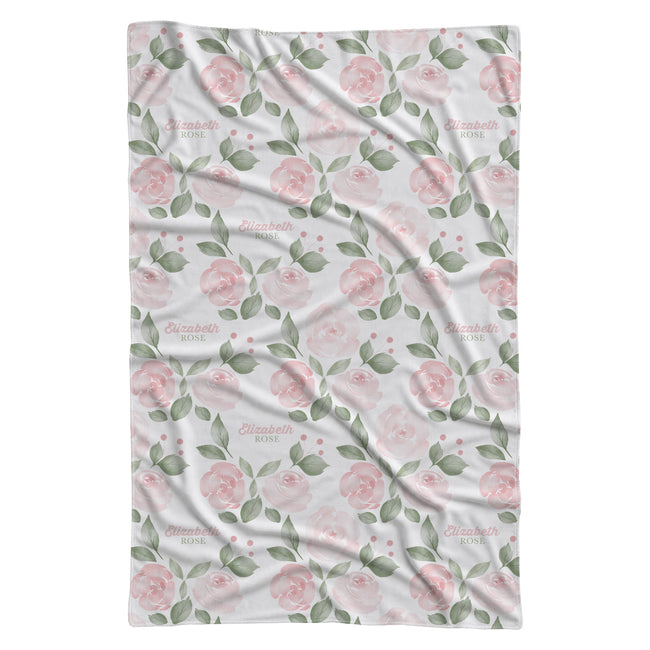 Full view of Blush Rose Garden personalized swaddle blanket with pink watercolor roses, sage leaves, and the name Elizabeth Rose.