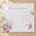 A personalized baby blanket laid flat on a light wood floor. The white blanket features pink script text reading 'Bailee Grace' at the top, a grid of numbers 1 through 12 for months, and pink floral prints with green leaves in the bottom corners.