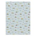 A personalized baby blanket with a light blue background and a construction-themed pattern featuring yellow excavators, dump trucks, cranes, and the name 'ALONSO' printed repeatedly.
