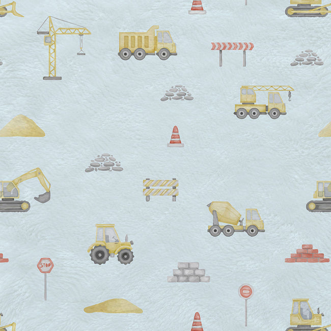 A repeating watercolor-style pattern of construction vehicles and site elements on a pale blue background, including cranes, dump trucks, excavators, a tractor, a mixer truck, barriers, cones, piles of stones and bricks, and stop signs.