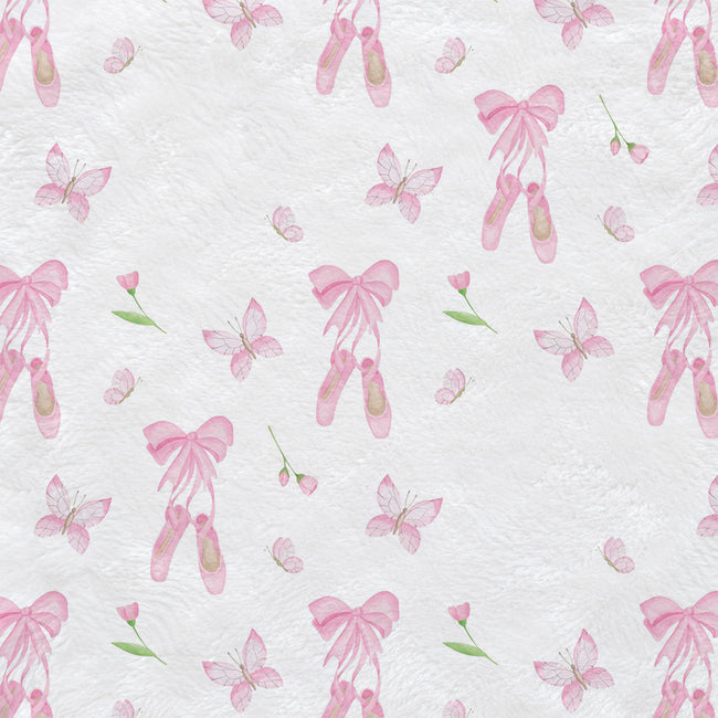 A repeating watercolor pattern on a textured off-white background featuring pink ballet slippers tied with bows, pink butterflies, and small pink flowers with green stems.