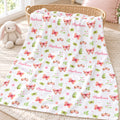 Personalized Butterfly and Flower Baby Girl Blanket. Pink, peach, and green butterflies flutter among flowers, leafy sprigs, and tiny hearts around a custom name.