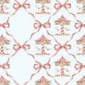 A repeating watercolor pattern featuring pink ribbon bows and small carousel motifs on a very light blue background.