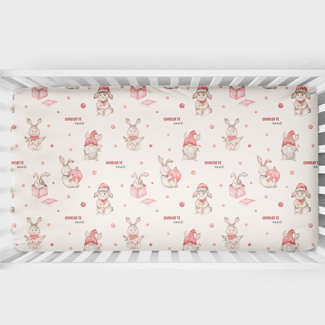 Personalized Christmas bunny crib sheet with watercolor rabbits, presents and optional baby name