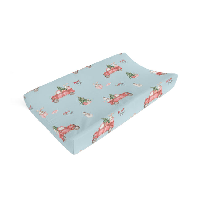 Personalized Christmas truck changing pad cover with tree, bunny, snowmen and optional baby name