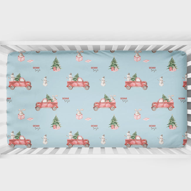 Personalized Christmas truck crib sheet with tree, bunny, snowmen and optional baby name