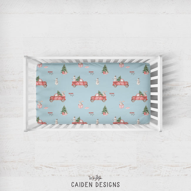Personalized Christmas truck crib sheet with tree, bunny, snowmen and optional baby name