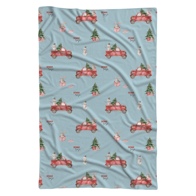Personalized Christmas truck swaddle blanket with tree, bunny, snowmen and optional baby name