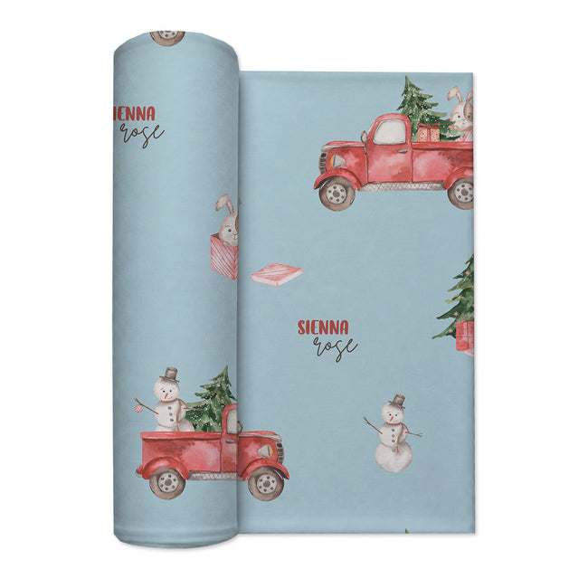 Personalized Christmas truck swaddle blanket with tree, bunny, snowmen and optional baby name