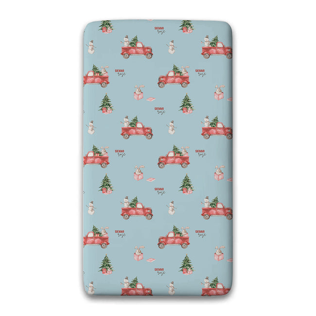 Personalized Christmas truck twin fitted sheet with tree, bunny and presents
