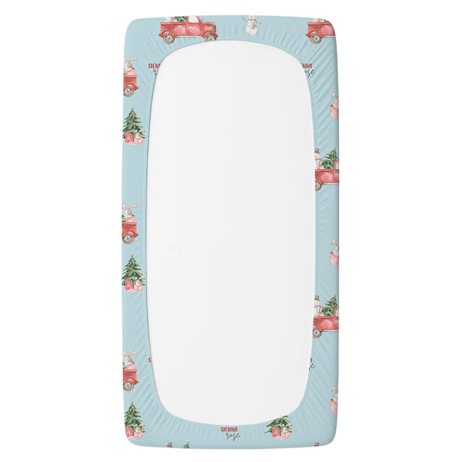 Personalized Christmas truck twin fitted sheet with tree, bunny and presents