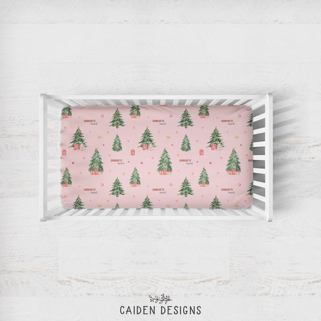 Personalized Christmas tree crib sheet with watercolor ornaments, presents and optional baby name
