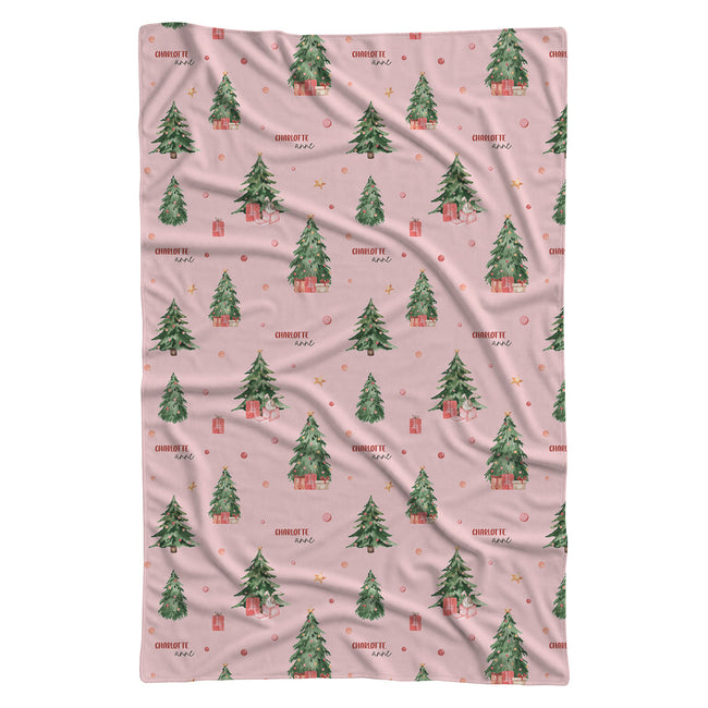 Personalized Christmas tree swaddle blanket with watercolor ornaments, presents and optional baby name
