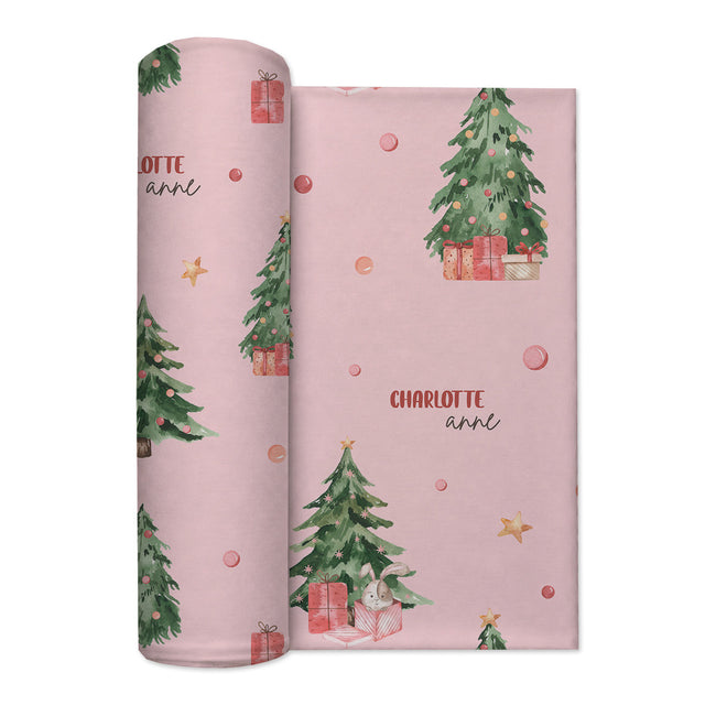 Personalized Christmas tree swaddle blanket with watercolor ornaments, presents and optional baby name
