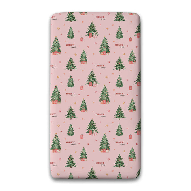 Personalized Christmas tree twin fitted sheet with watercolor ornaments and presents
