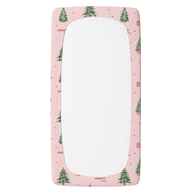 Personalized Christmas tree twin fitted sheet with watercolor ornaments and presents
