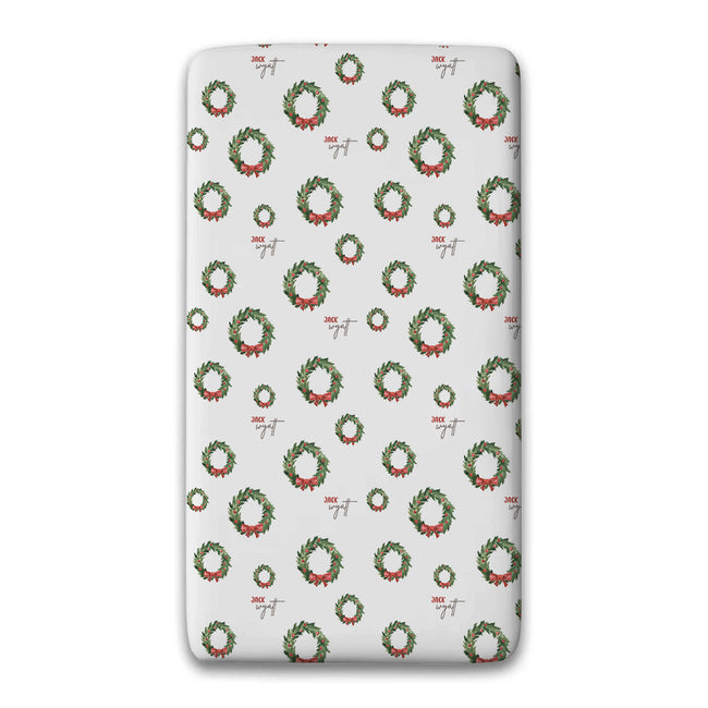 Personalized Christmas wreath twin fitted sheet with red berries and bows