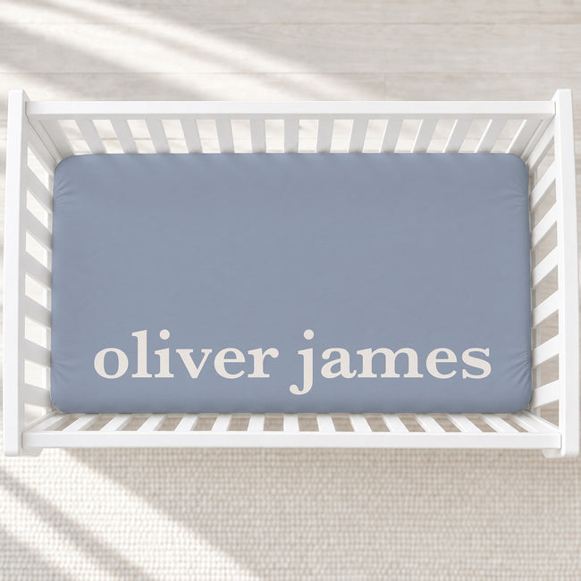 Dusty Blue Classic Personalized Name Crib Sheet
