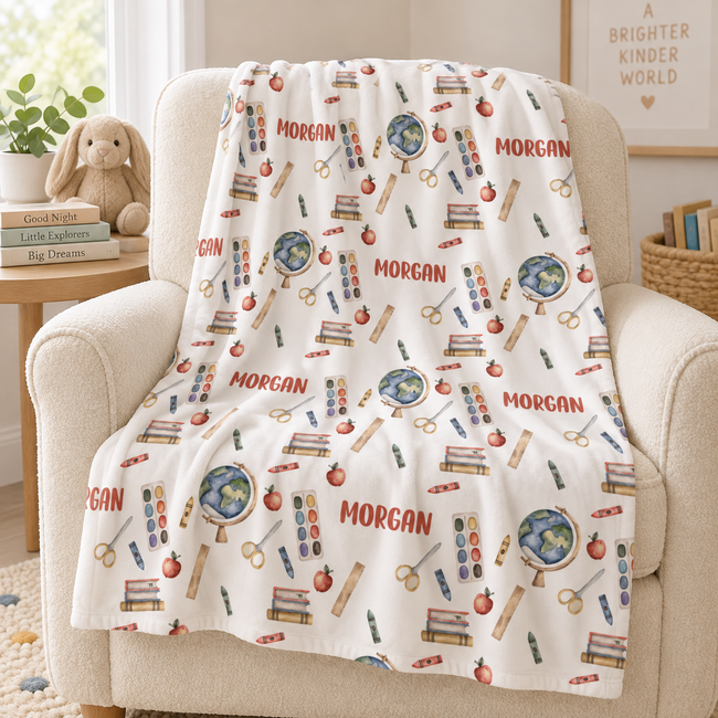 A cream-colored fleece throw blanket draped over a beige armchair in a cozy child's room. The blanket features a repeating pattern of school-themed illustrations, including books, globes, scissors, apples, and pencils, interspersed with the name 'MORGAN' in red.