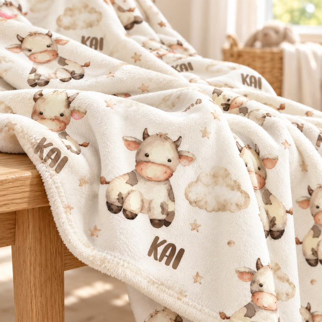 Personalized Cow Baby Blanket. Sweet cows and soft cloud details create a gentle countryside setting for a custom name.