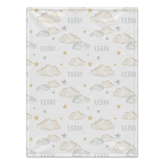 Personalized Cloud and Star Baby Blanket. Dreamy clouds and delicate stars surround a custom name in a soft, soothing palette.