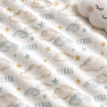 Personalized Cloud and Star Baby Blanket. Dreamy clouds and delicate stars surround a custom name in a soft, soothing palette.
