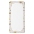 A fitted sheet featuring a light gray background with a repeating pattern of yellow construction vehicles and the name 'MASON' printed at the bottom.