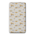 A fitted sheet, featuring a repeating pattern of yellow construction vehicles and the name 'MASON' on a light gray background.