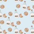 A repeating watercolor-style pattern on a light blue background featuring milk bottles and chocolate chip cookies, including half-eaten cookies.
