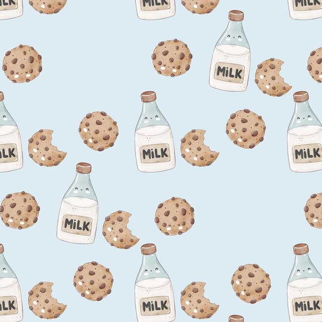 A repeating watercolor-style pattern on a light blue background featuring milk bottles and chocolate chip cookies, including half-eaten cookies.