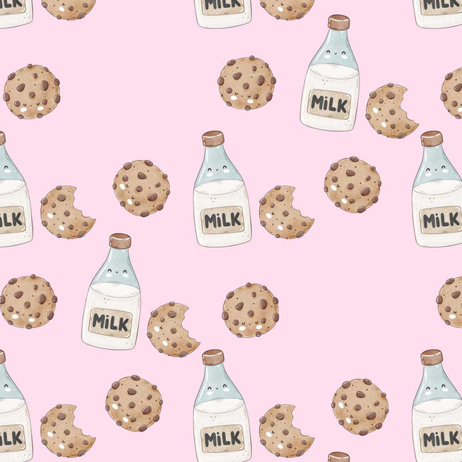 A repeating watercolor-style pattern on a light pink background featuring illustrated milk bottles and chocolate chip cookies, including whole cookies and bitten halves. The bottles are clear with white milk and brown caps, and the cookies are tan with brown chips.