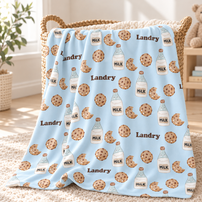 A light blue blanket with a repeating pattern of chocolate chip cookies, milk bottles, and the word 'Landry' is draped over a woven basket in a bright, sunlit room.