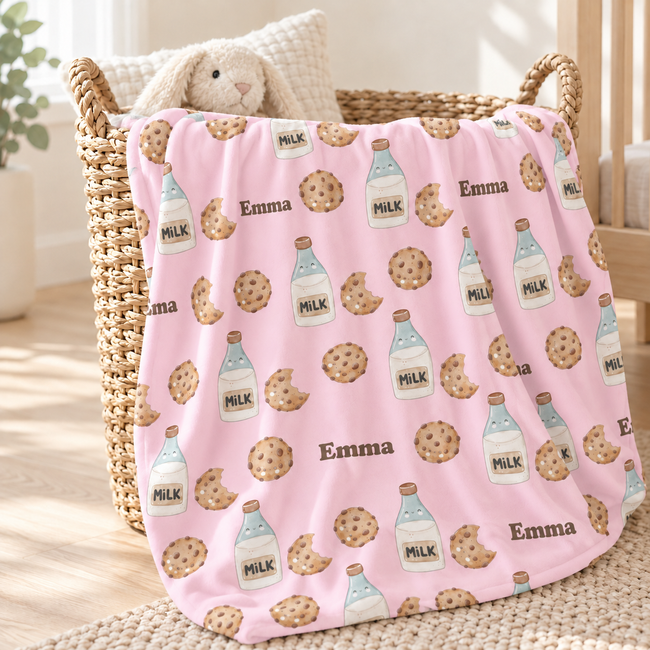 A pink blanket with a repeating pattern of chocolate chip cookies and milk bottles, personalized with the name 'Emma', draped over a woven basket in a bright nursery setting.